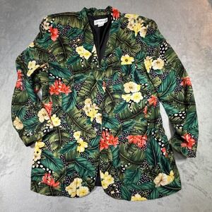 Vintage Liz Claiborne Tropical Floral Polka Dot Blazer Green Yellow 90s Large